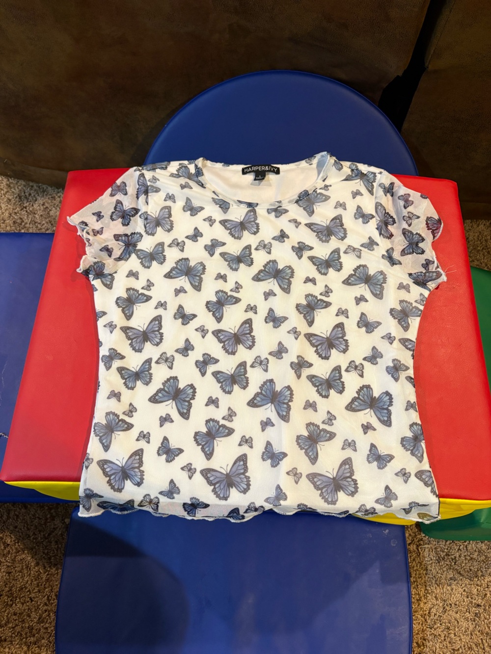 Harper White Tee with Blue Butterfly Pattern